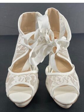 FSJ Ivory Lace Peep-Toe Ribbon Heels